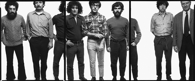 The Chicago Seven, tryptichally photographed by Richard Avedon, September 25, 1969. L-R: Lee Weiner, John Froines, Abbie Hoffman, Rennie Davis, Jerry Rubin, Tom Hayden, and David Dellinger.