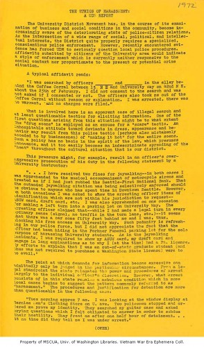 University District Movement report on police harassment, circa 1967
University of Washington Libraries, Vietnam War Era Ephemera Collection
