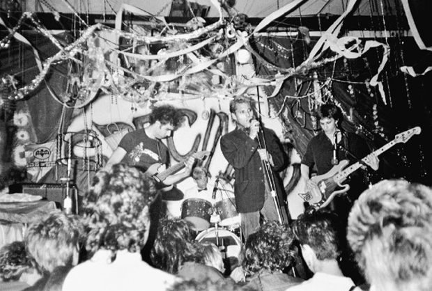 Skin Yard play at Gorilla Gardens, July 1985
From left: Jack Endino, Matt Cameron, Ben McMillan, and Daniel House
Photo by Cam Garrett