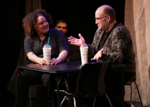Rebecca M Davis is Sid; hidden, Scott Schoemaker is part of the Greek Chorus; and Ian Bell is Bixby in Stay Up Late Productions' GIRL YOU KNOW IT'S TRUE. Image by Ian Johnston.