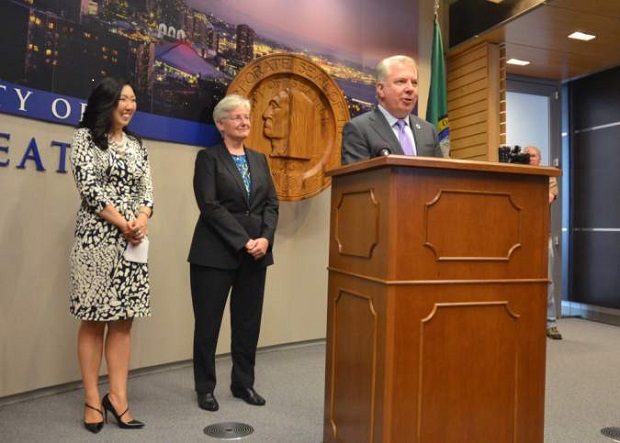 Ed Murray names Kate Joncas (center) his new deputy mayor of operations, June 11, 2014. Photo courtesy Seattle Mayor's Office