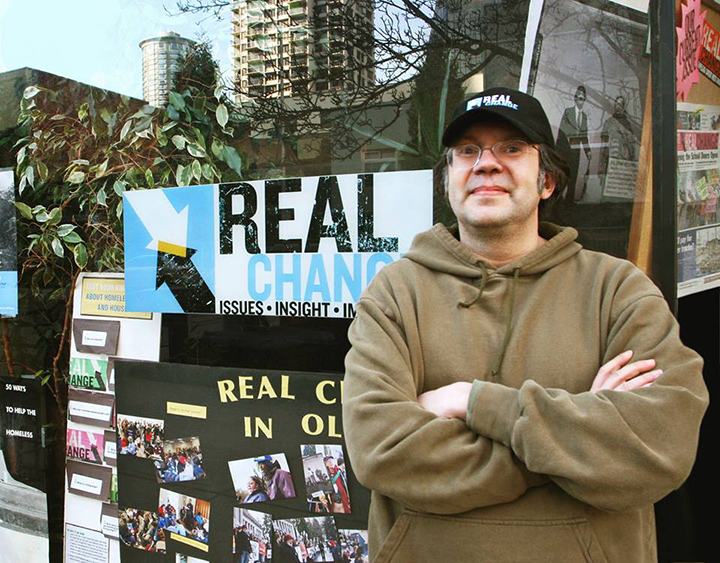 Real Change founder and director Tim Harris outside the paper's original office in Belltown, May 2010 Kelly O / The Stranger