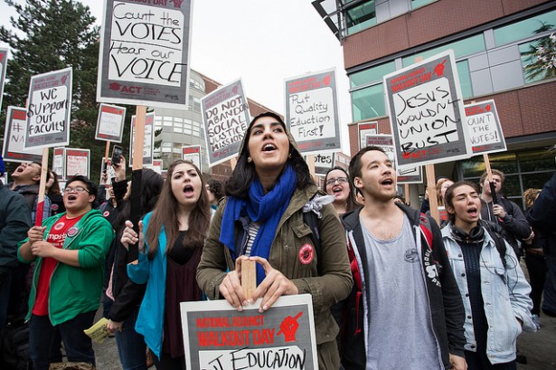Seattle University faculty, students, staff stage one of the largest walkouts in thenation as part of National Adjunct Walkout Day Feb. 25.Photo credit: SEIU 925. Licensed CC-BY-SA.
