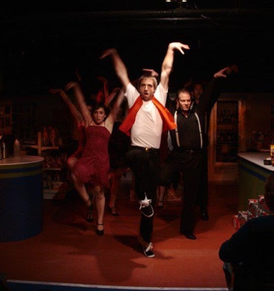 Samie Detzer, Ryan Higgins and Corey McDaniel in Wayne Rawley's Live! From the Last Night of My Life at Theater Schmeater.
