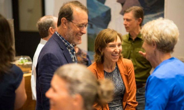 Senator Michael Dembrow and Camila Thorndike have a conversation with Oregon Climate supporters at Cup and Bar in Portland, Oregon, in September 2015. Photo by Garrett Downen.