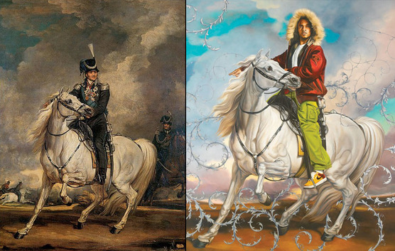 "Colonel Platoff on His Charger." Left, by James Ward. Right, by Kehinde Wiley.