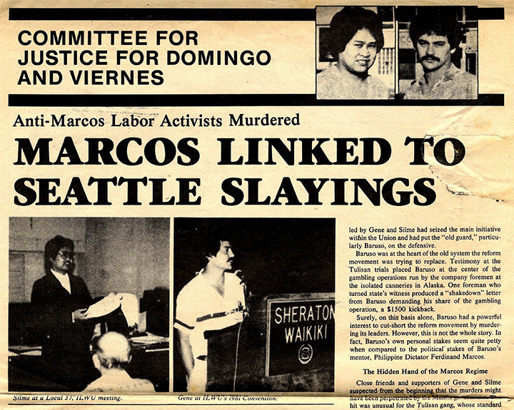 Newsletter reporting the link between the murders of Domingo and Viernes
and the regime of Ferdinand Marcos, June 1981 Committee for Justice for Domingo and Viernes